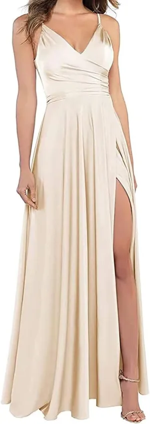 RYANTH Women's Satin Bridesmaid Dresses for Wedding Dress Formal Long A Line Prom Party Gowns with Pockets RYZ054