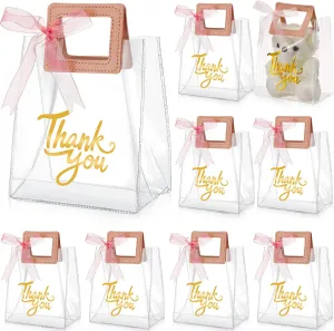Sabary 12 Pcs Clear Gift Bags with Handle Thank You Gift Handbags Transparent PVC Wrap Bags Reusable Heavy Duty Totes for Bridal Party Baby Shower Wedding Birthday 7 x 4 x 8 Inch(Pink)