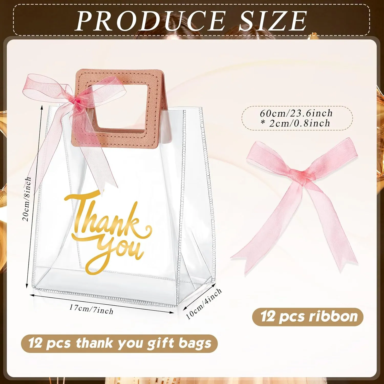 Sabary 12 Pcs Clear Gift Bags with Handle Thank You Gift Handbags Transparent PVC Wrap Bags Reusable Heavy Duty Totes for Bridal Party Baby Shower Wedding Birthday 7 x 4 x 8 Inch(Pink)