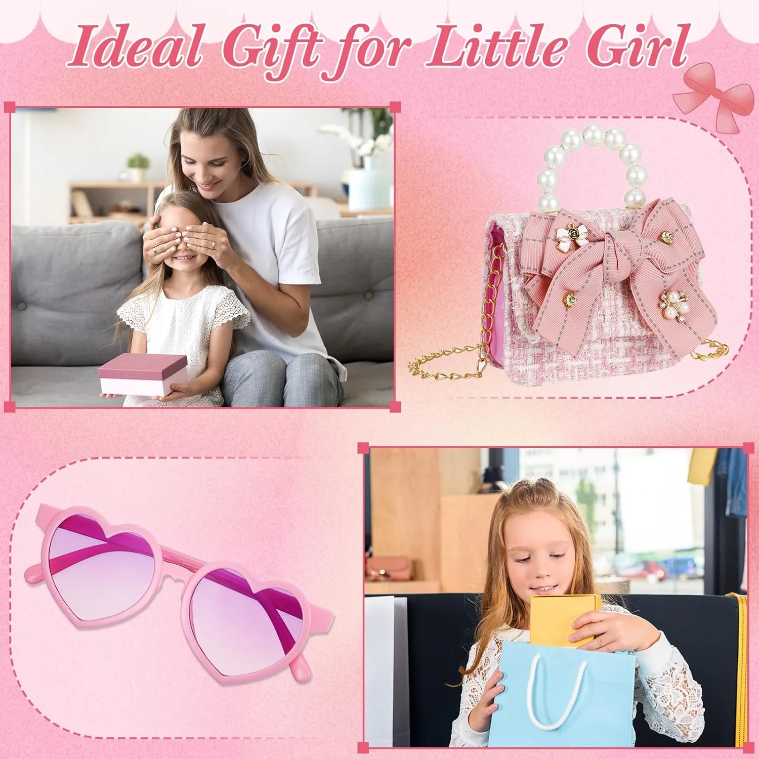 Sadnyy Mini Purse Cute Bowknot Crossbody Bag with Pearl Bow Sunglasses Box Set Travel Handbag for Women Birthday Easter Gift