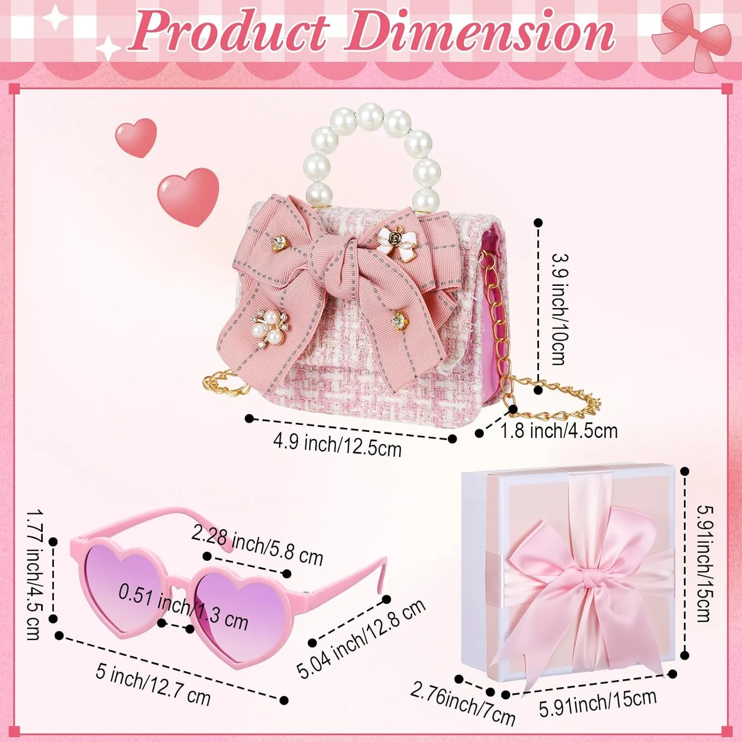 Sadnyy Mini Purse Cute Bowknot Crossbody Bag with Pearl Bow Sunglasses Box Set Travel Handbag for Women Birthday Easter Gift