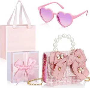 Sadnyy Mini Purse Cute Bowknot Crossbody Bag with Pearl Bow Sunglasses Box Set Travel Handbag for Women Birthday Easter Gift