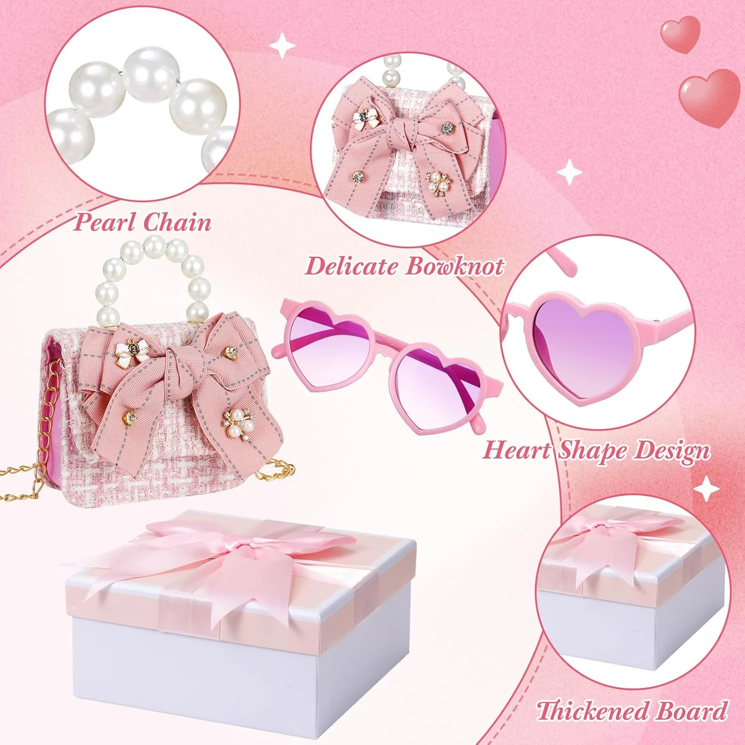 Sadnyy Mini Purse Cute Bowknot Crossbody Bag with Pearl Bow Sunglasses Box Set Travel Handbag for Women Birthday Easter Gift