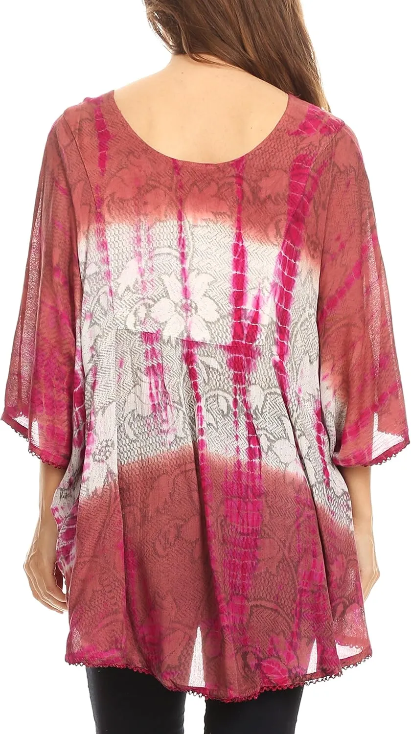 Sakkas Ellesa Ombre Tie Dye Circle Poncho Blouse Shirt Top with Sequin Embroidery