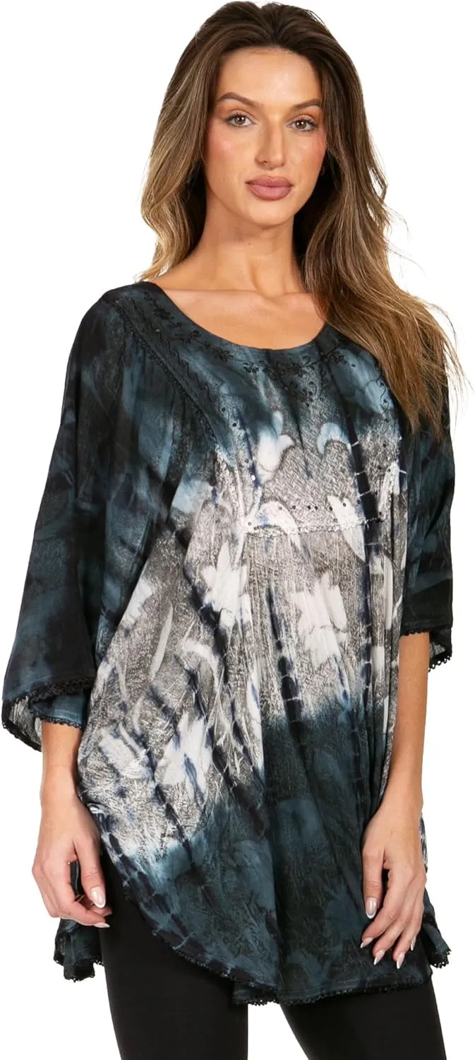 Sakkas Ellesa Ombre Tie Dye Circle Poncho Blouse Shirt Top with Sequin Embroidery