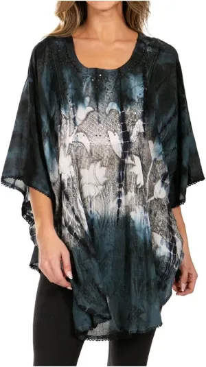 Sakkas Ellesa Ombre Tie Dye Circle Poncho Blouse Shirt Top with Sequin Embroidery