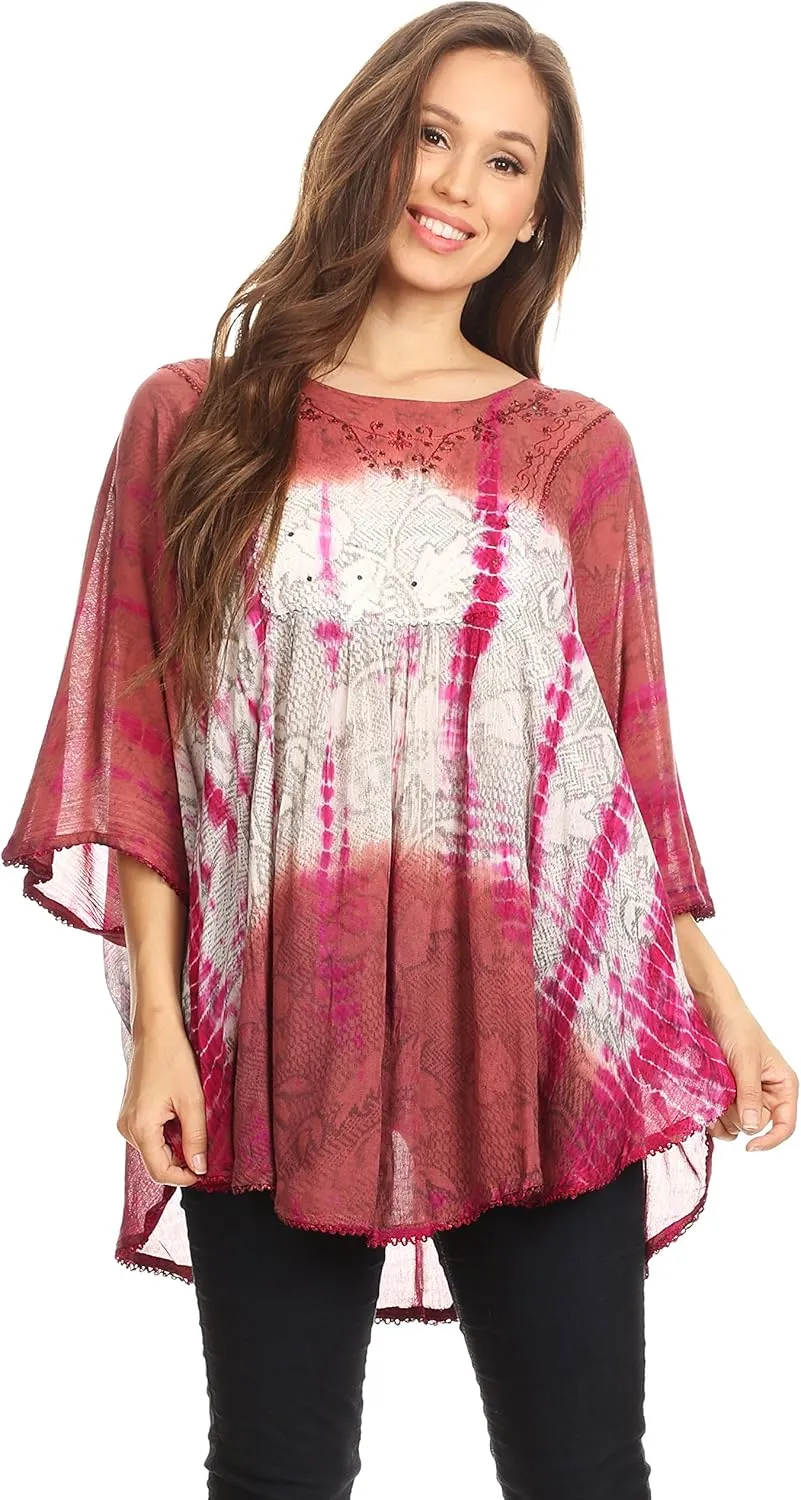 Sakkas Ellesa Ombre Tie Dye Circle Poncho Blouse Shirt Top with Sequin Embroidery