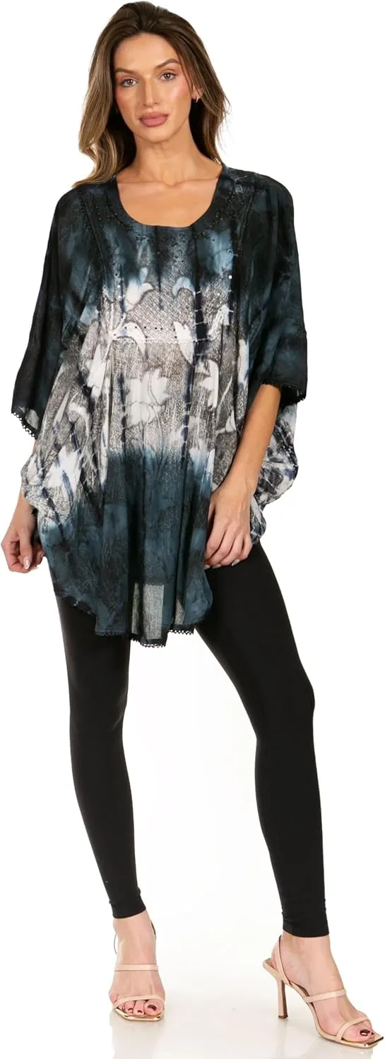 Sakkas Ellesa Ombre Tie Dye Circle Poncho Blouse Shirt Top with Sequin Embroidery