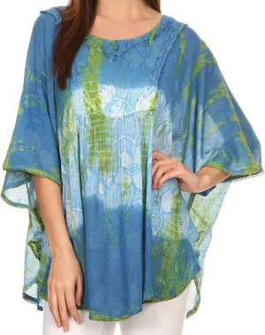 Sakkas Ellesa Ombre Tie Dye Circle Poncho Blouse Shirt Top with Sequin Embroidery