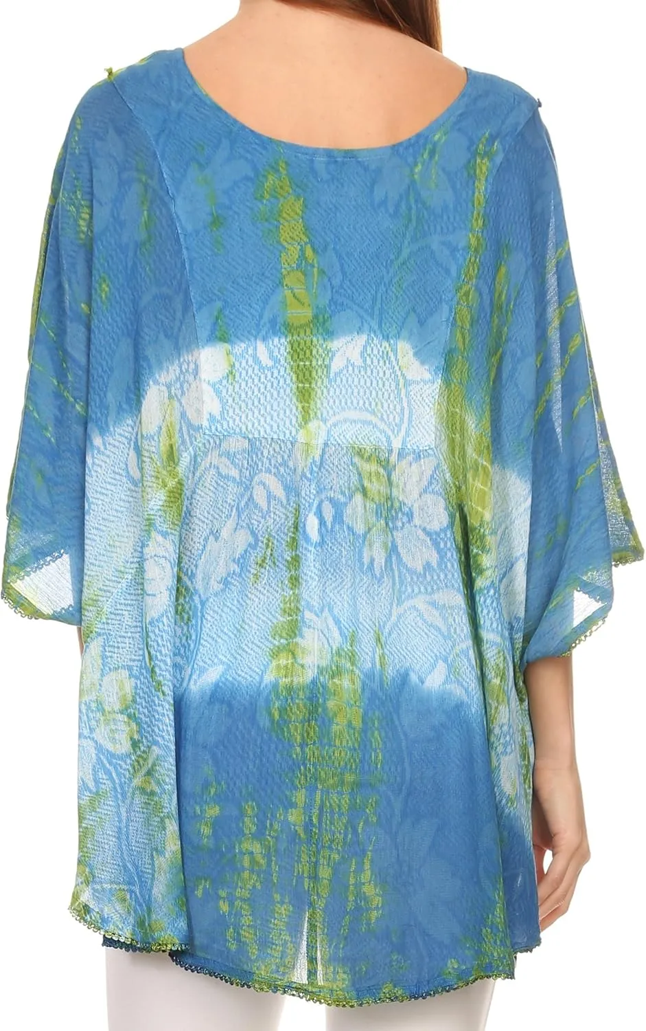 Sakkas Ellesa Ombre Tie Dye Circle Poncho Blouse Shirt Top with Sequin Embroidery