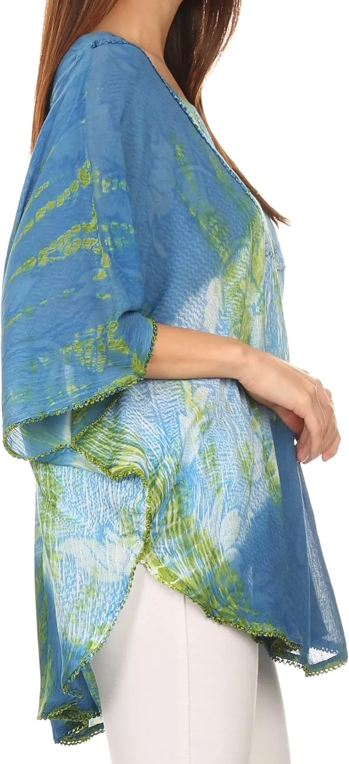 Sakkas Ellesa Ombre Tie Dye Circle Poncho Blouse Shirt Top with Sequin Embroidery