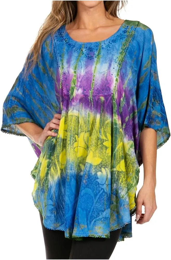 Sakkas Ellesa Ombre Tie Dye Circle Poncho Blouse Shirt Top with Sequin Embroidery