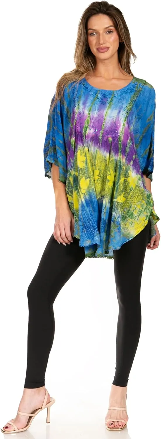Sakkas Ellesa Ombre Tie Dye Circle Poncho Blouse Shirt Top with Sequin Embroidery