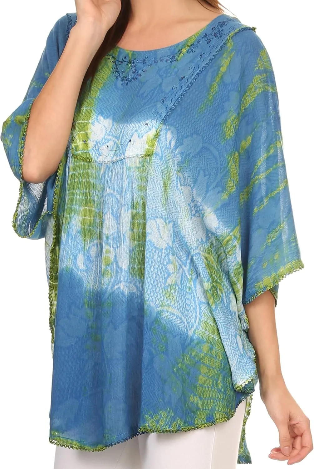 Sakkas Ellesa Ombre Tie Dye Circle Poncho Blouse Shirt Top with Sequin Embroidery