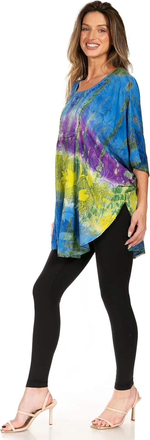 Sakkas Ellesa Ombre Tie Dye Circle Poncho Blouse Shirt Top with Sequin Embroidery