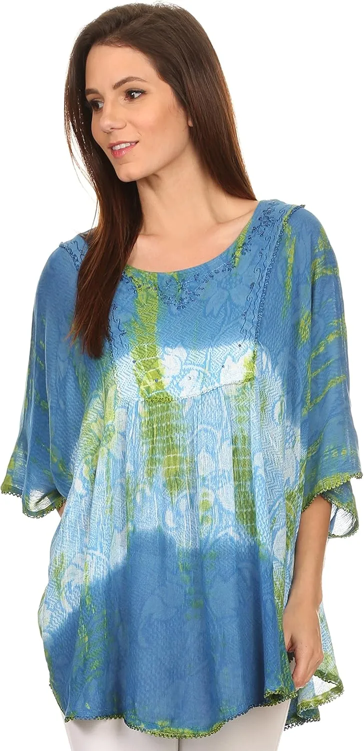 Sakkas Ellesa Ombre Tie Dye Circle Poncho Blouse Shirt Top with Sequin Embroidery