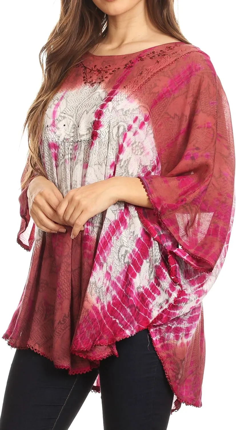 Sakkas Ellesa Ombre Tie Dye Circle Poncho Blouse Shirt Top with Sequin Embroidery
