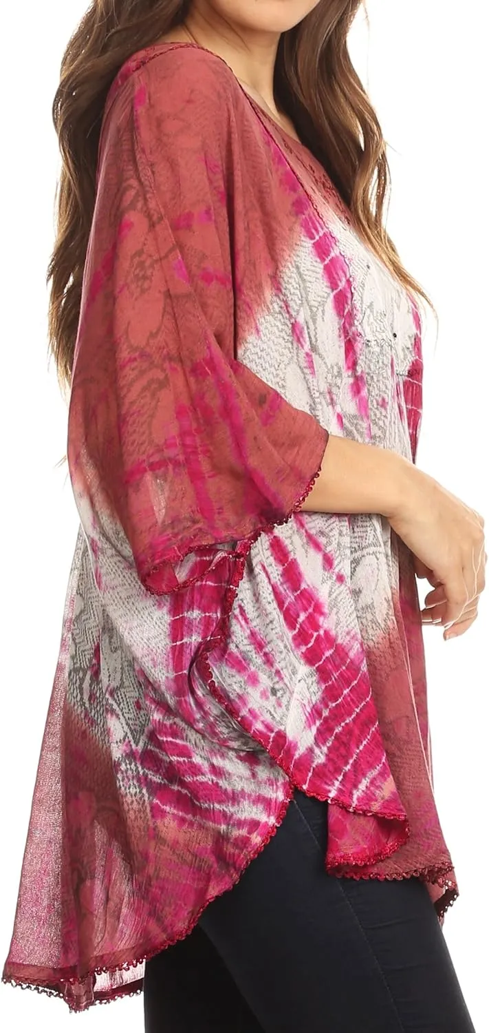 Sakkas Ellesa Ombre Tie Dye Circle Poncho Blouse Shirt Top with Sequin Embroidery