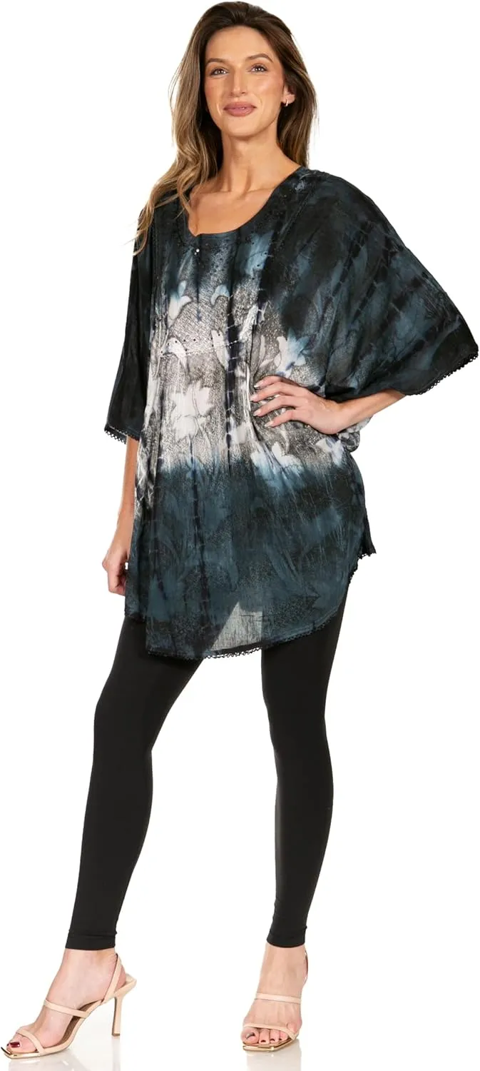 Sakkas Ellesa Ombre Tie Dye Circle Poncho Blouse Shirt Top with Sequin Embroidery