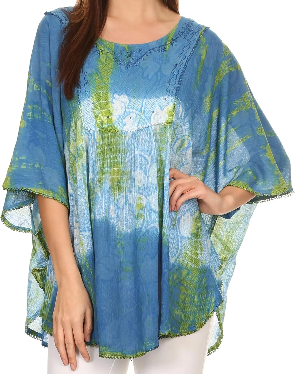 Sakkas Ellesa Ombre Tie Dye Circle Poncho Blouse Shirt Top with Sequin Embroidery