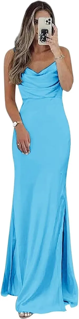 Satin Bridesmaid Dress for Women Spaghetti Straps Slit Prom Dress Formal