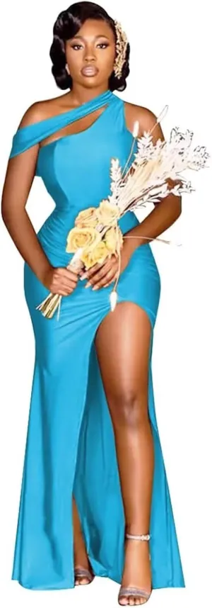 Satin Bridesmaid Dresses for Women Long Mermaid Formal Dresses Ruched One Shoulder Prom Gowns with Slit XB001