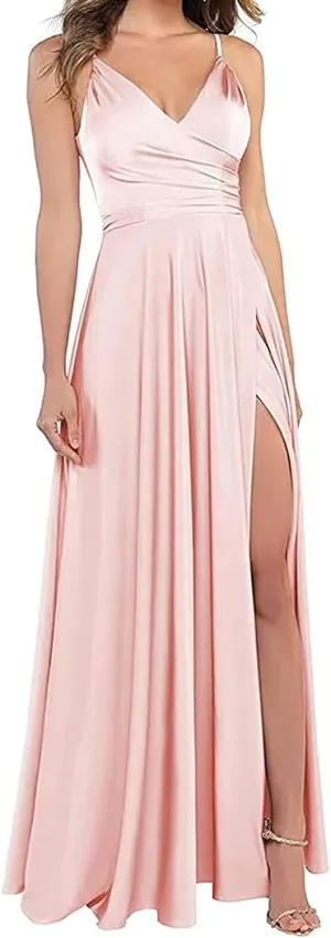 Satin Bridesmaid Dresses for Women Prom Dresses 2025 V-Neck A-Line Formal Wedding Guest Dress with Slit LNL054
