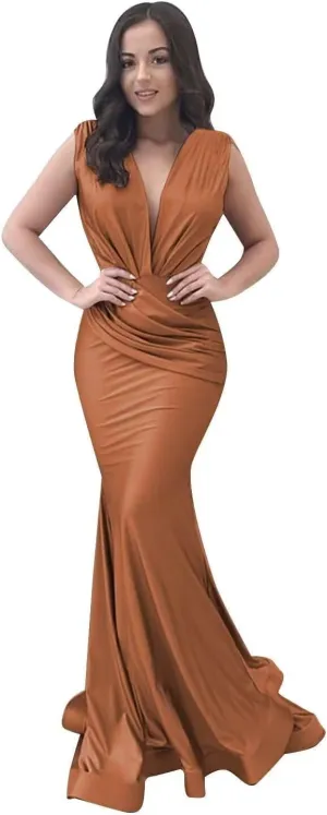 Satin Bridesmaid Dresses for Women V Neck Mermaid Long Pleated Formal Evening Gowns