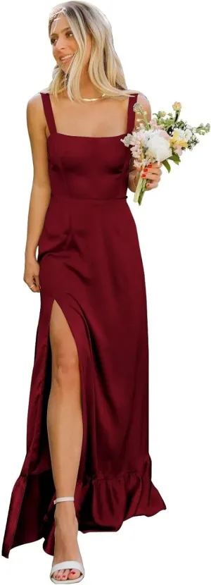 Satin Bridesmaid Dresses Long for Women Square Neck Formal Evening Gowns A Line Wedding Guest Dress with Slit