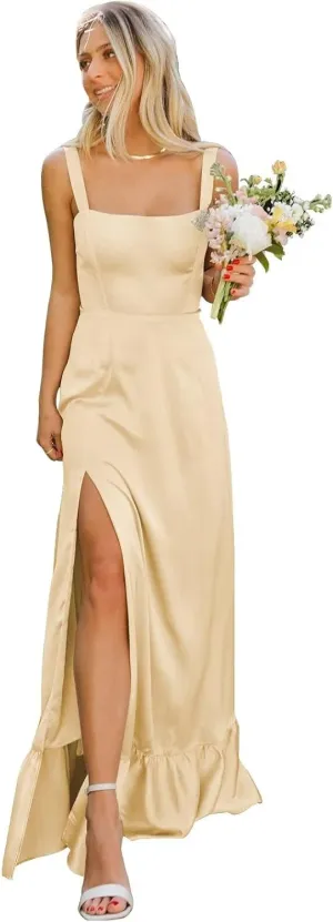 Satin Bridesmaid Dresses Long for Women Square Neck Formal Evening Gowns A Line Wedding Guest Dress with Slit