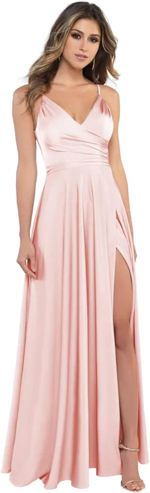 Satin Bridesmaid Dresses Long V Neck Spaghetti Strap Evening Formal Dress