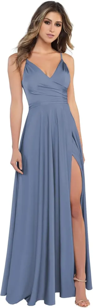 Satin Bridesmaid Dresses Long V Neck Spaghetti Strap Evening Formal Dress