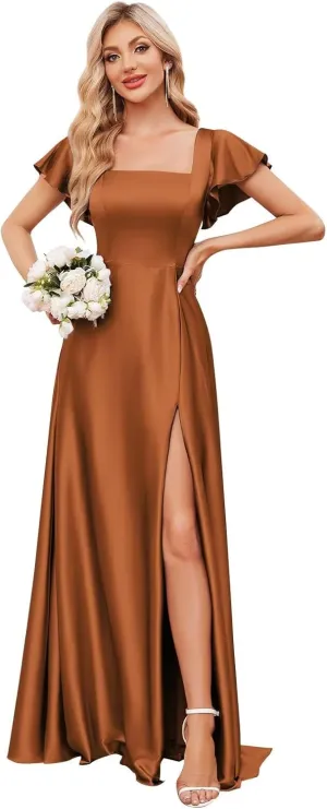 Satin Bridesmaid Dresses with Slit Square Neck Prom Dress Flutter Sleeve A Line Formal Evening Gowns for Women