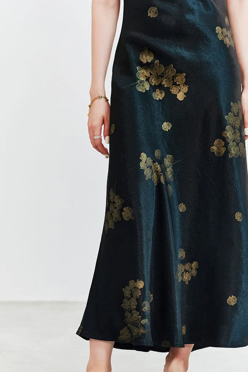 Satin Floral V-Neck Maxi Slip Dress