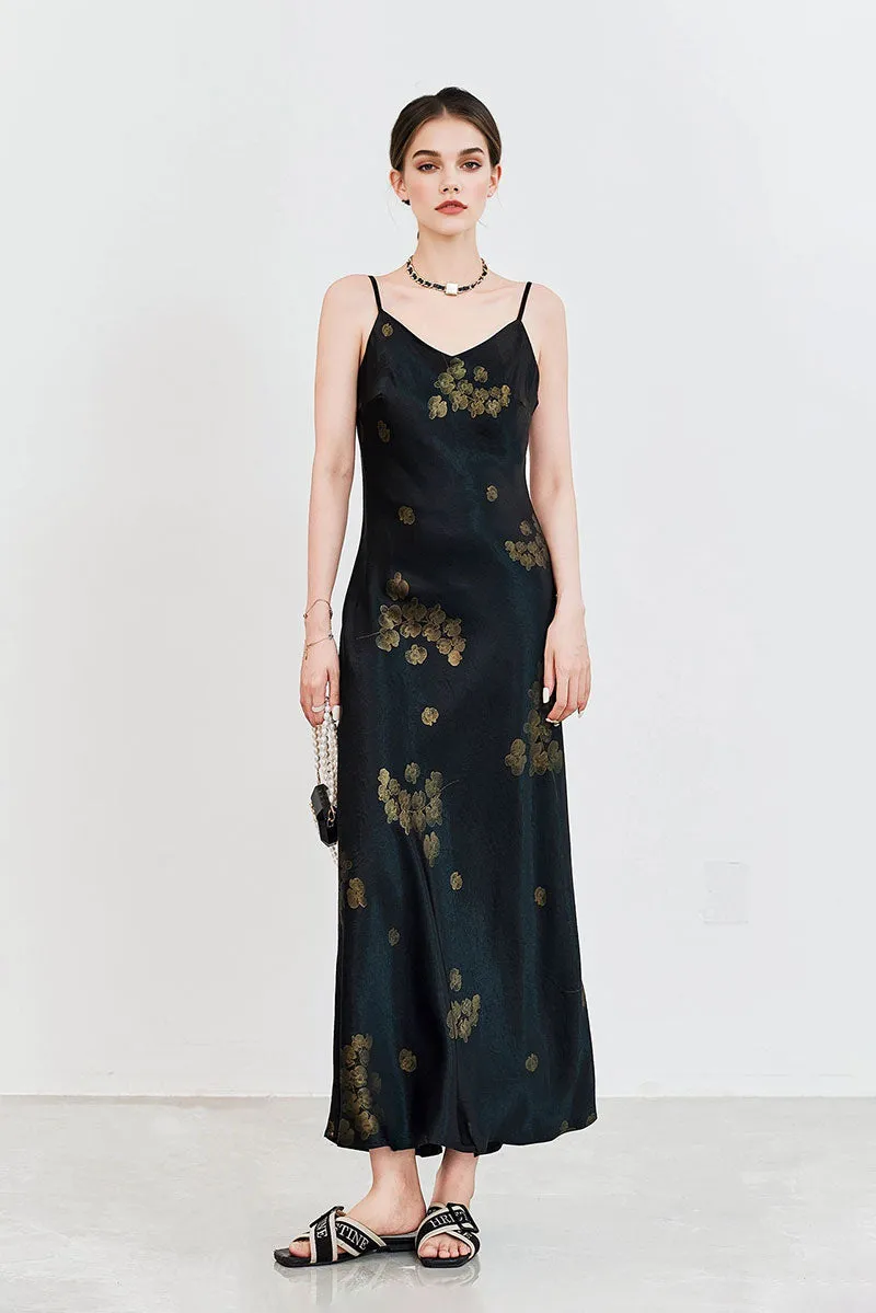 Satin Floral V-Neck Maxi Slip Dress