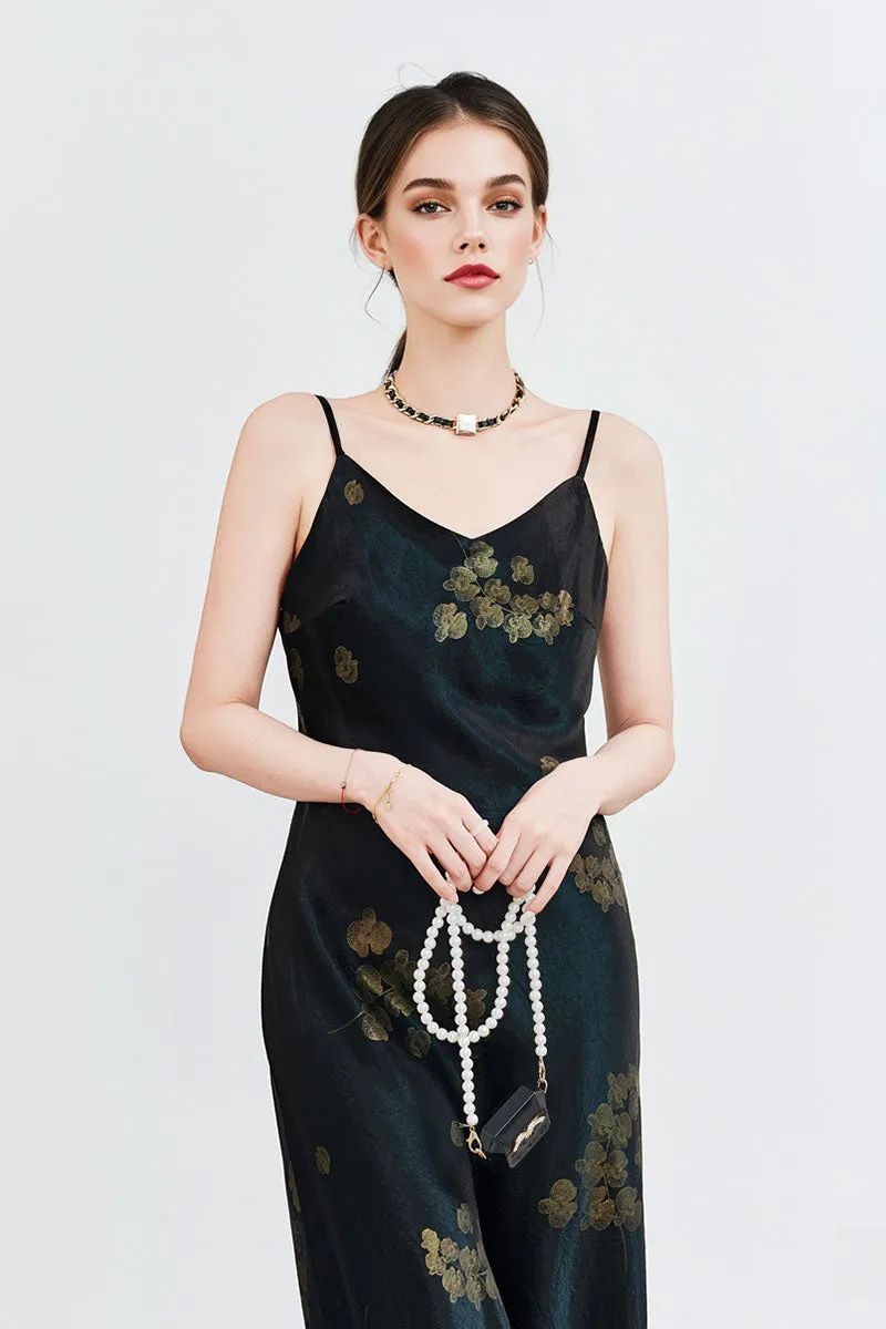 Satin Floral V-Neck Maxi Slip Dress