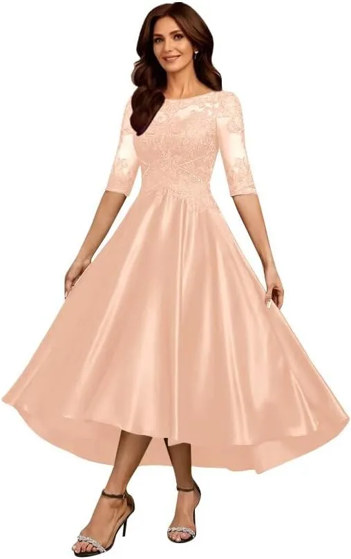 Satin Mother of The Bride Dresses for Wedding 3/4 Sleeves Scoop Neck Formal Evening Gown for Women