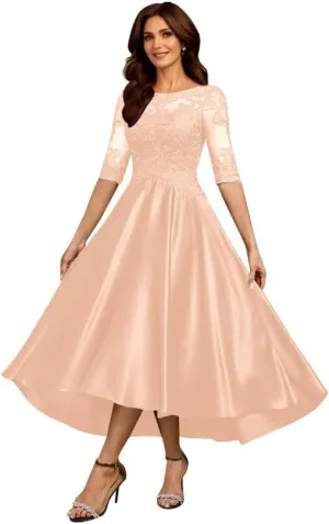Satin Mother of The Bride Dresses for Wedding 3/4 Sleeves Scoop Neck Formal Evening Gown for Women