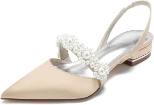 Satin Pearls Wedding Shoes for Bride Flat Pointed Toe Women Slingback Flats