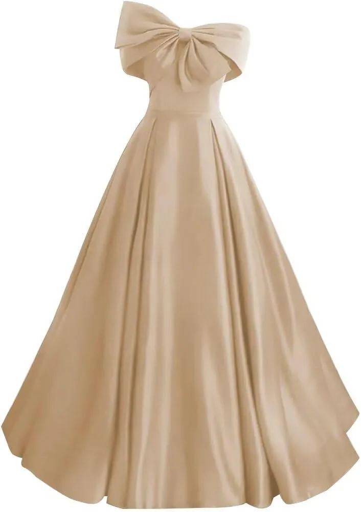 Satin Prom Dresses Bowknot Satin Ball Gowns for Women Elegant A Line Wedding Dress Evening Gown with Pockets