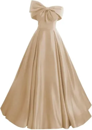 Satin Prom Dresses Bowknot Satin Ball Gowns for Women Elegant A Line Wedding Dress Evening Gown with Pockets