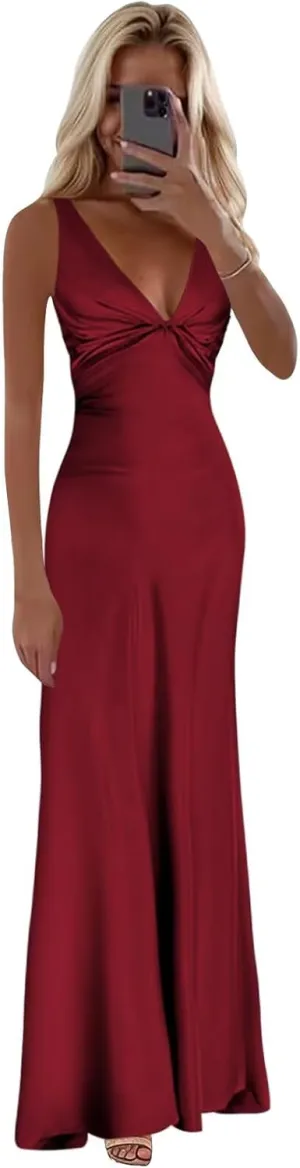 Satin Prom Dresses for Women V-Neck Halter Ruched Long Formal Wedding Guest Dress