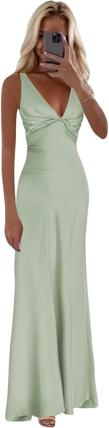 Satin Prom Dresses for Women V-Neck Halter Ruched Long Formal Wedding Guest Dress