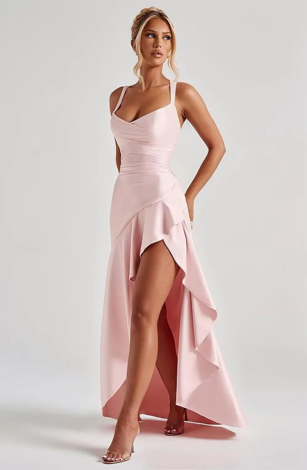 Satin Ruffles Prom Dresses for Women Hi-Low Aline Evening Dress for Women 2025 QA204A-CP