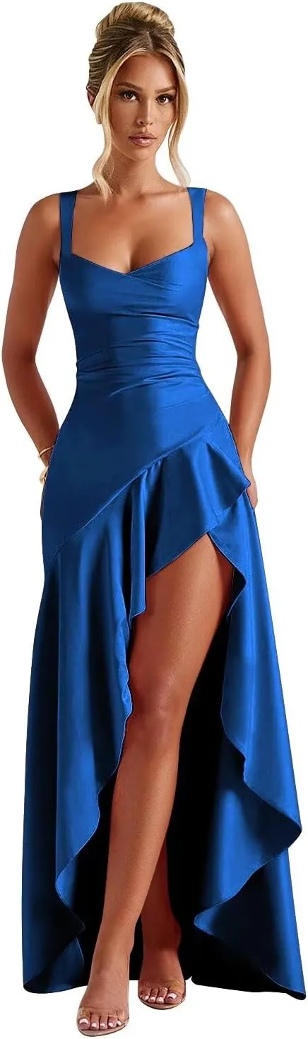 Satin Ruffles Prom Dresses for Women Hi-Low Aline Evening Dress for Women 2025 QA204A-CP