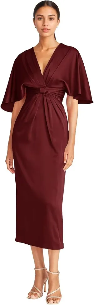 Satin V Neck Mother of The Groom Dresses for Women Tea Length Ruched Waist Formal Dress