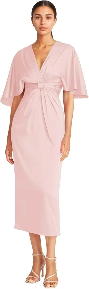 Satin V Neck Mother of The Groom Dresses for Women Tea Length Ruched Waist Formal Dress