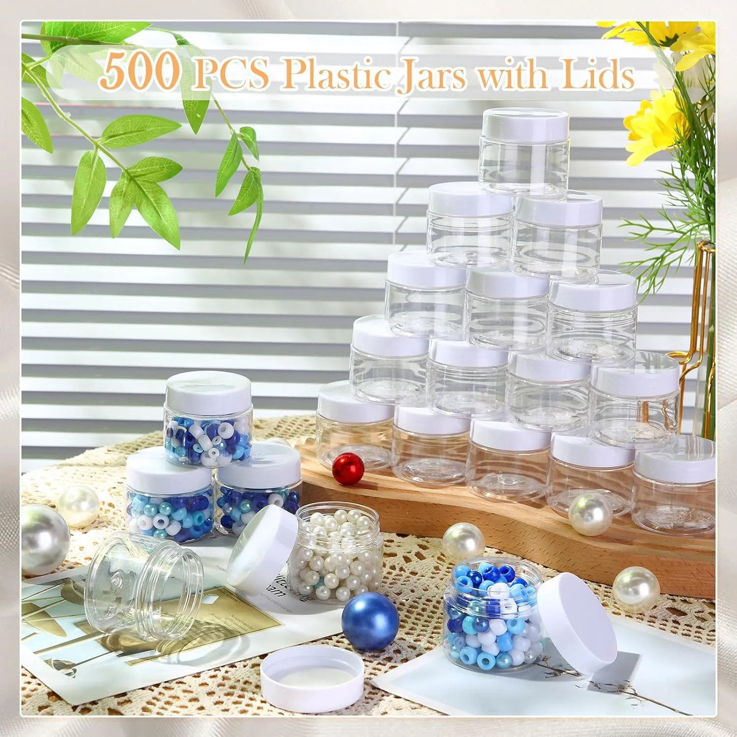 SATINIOR 500 Pcs Plastic Jars Bulk Empty Cosmetic Container Jars with Lids Leak Proof Round Clear Makeup Sample Containers for Creams Lotions Eye Shadow Makeup Products(White Lids,2 oz)