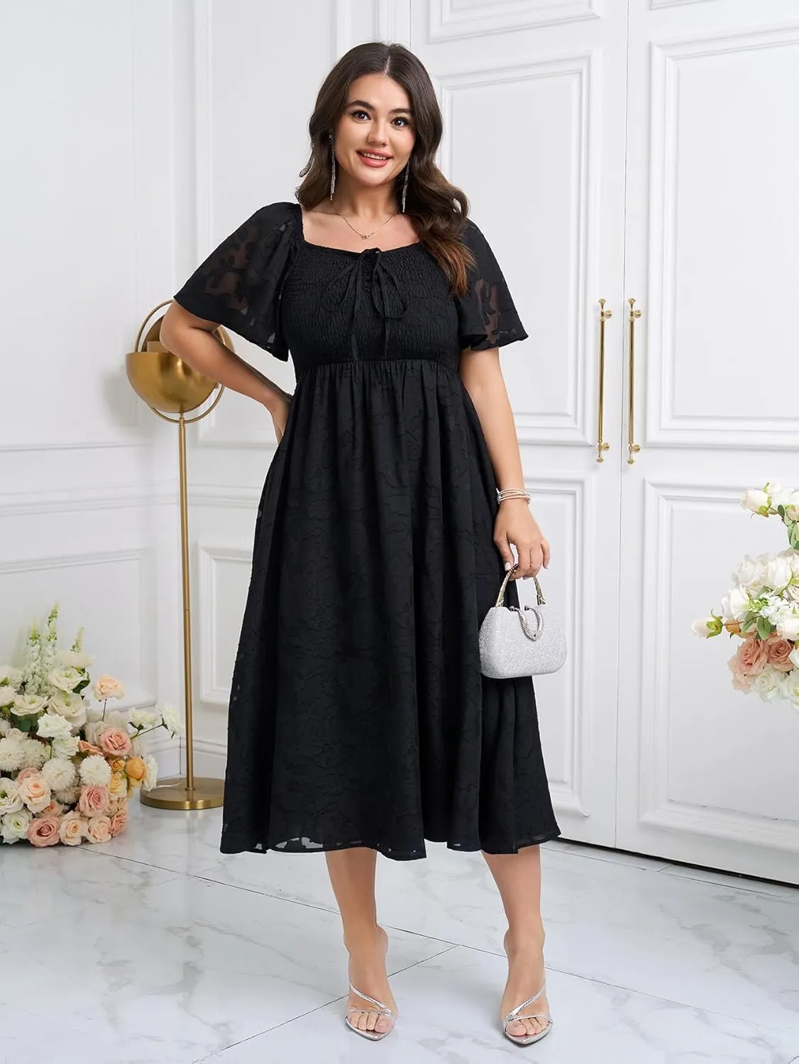 SCOMCHIC Women's Plus Size Formal Dresses Square Neck Short Sleeve Lace Floral Smocked Flowy Long Maxi Wedding Guest Dress