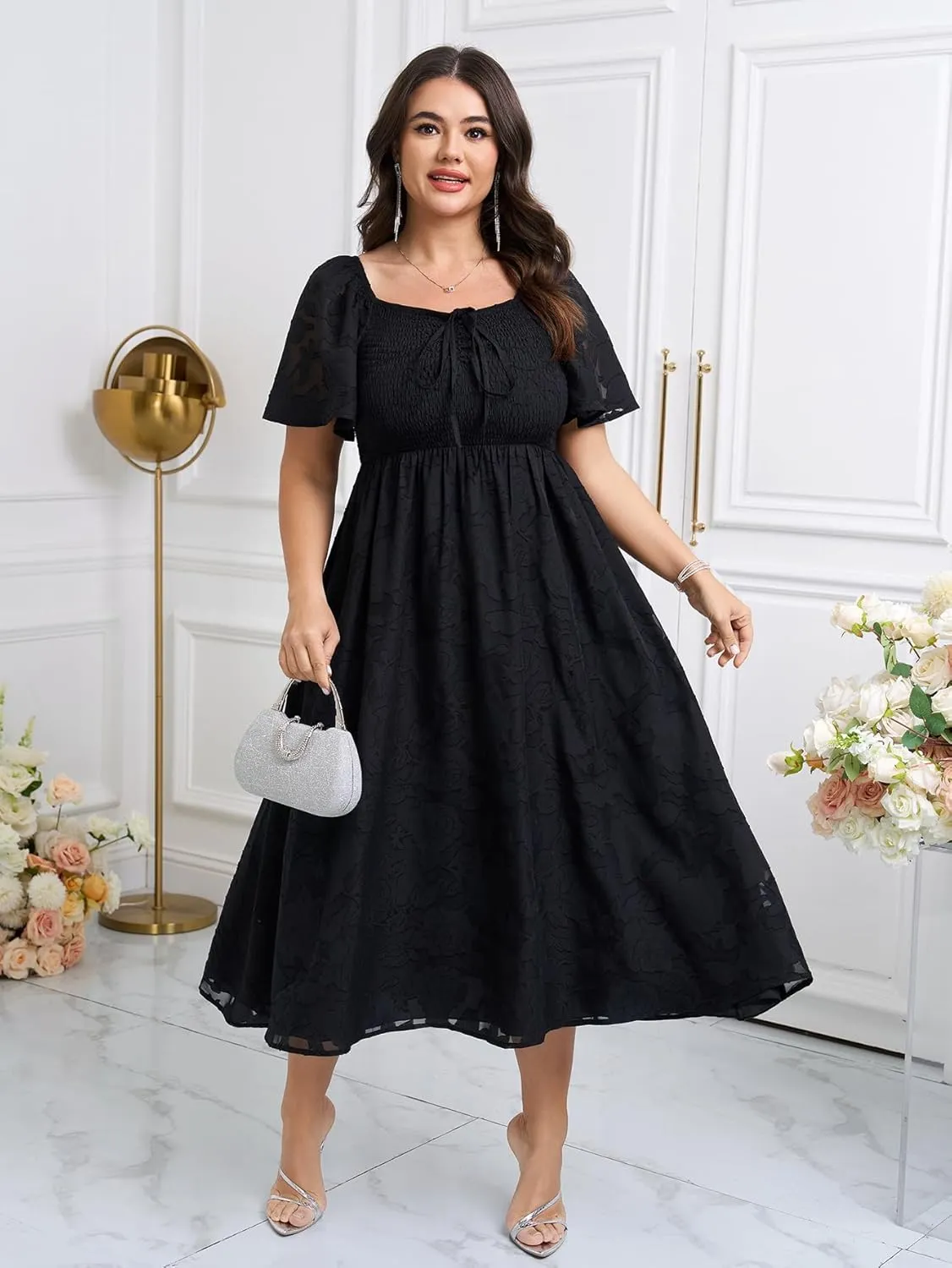 SCOMCHIC Women's Plus Size Formal Dresses Square Neck Short Sleeve Lace Floral Smocked Flowy Long Maxi Wedding Guest Dress